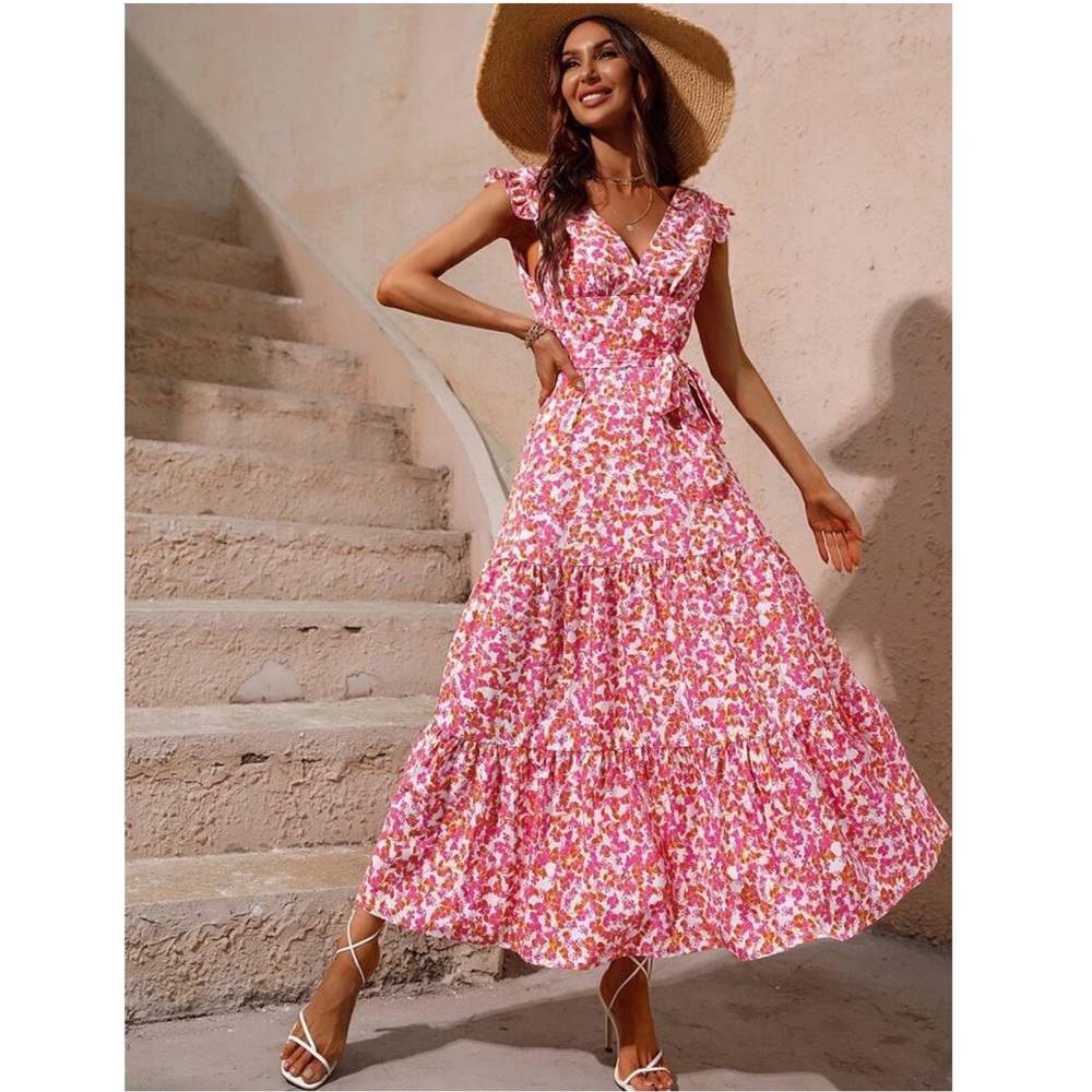 Allover Floral Print Ruffle Hem Belted Dress